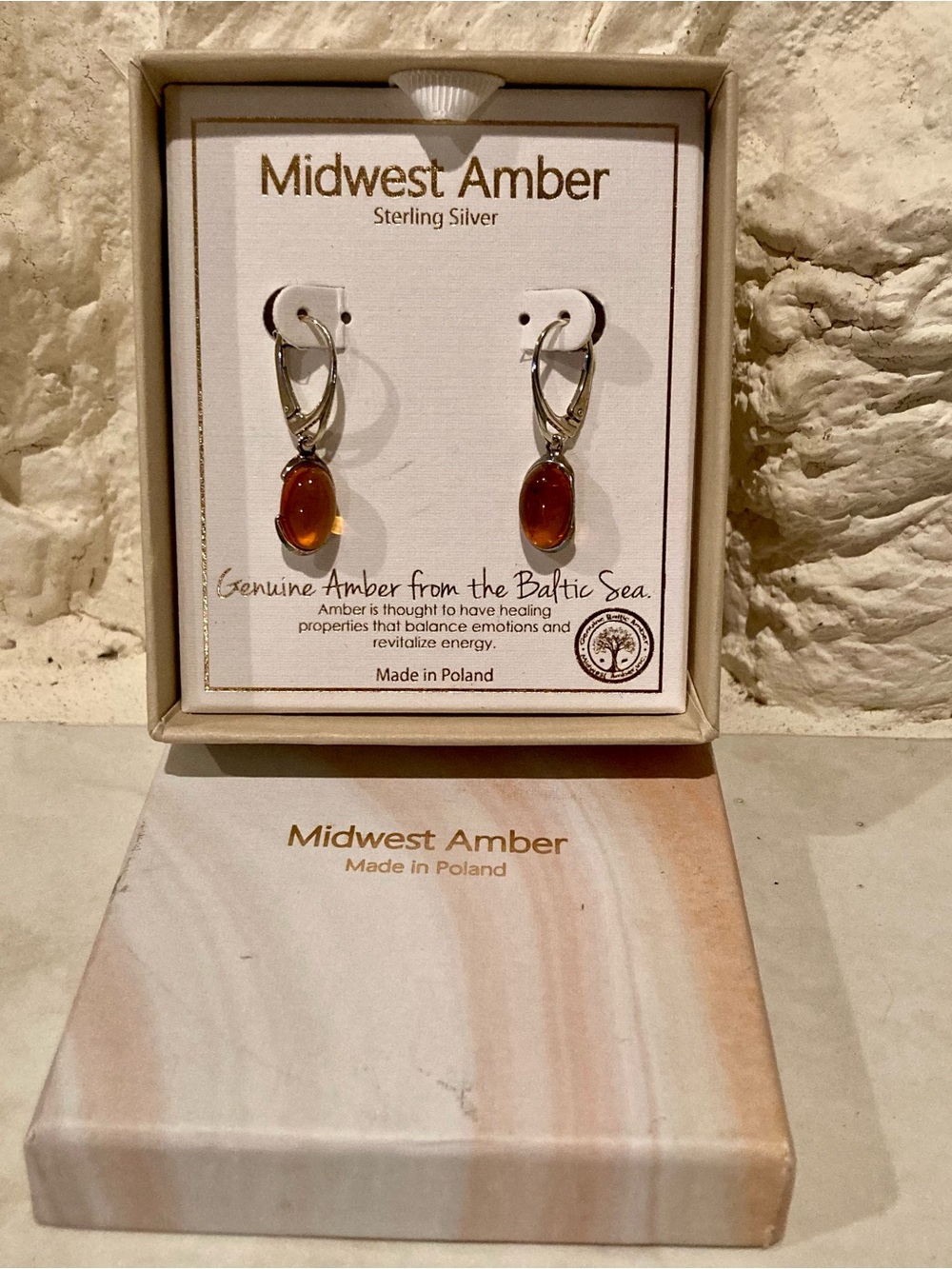 NWT and box Midwest Amber 925 sterling silver drop earrings